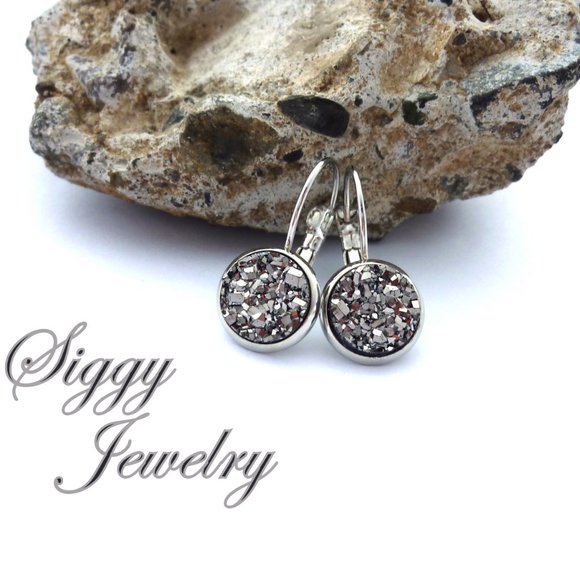 Shiny Hematite Faux Druzy Drop Lever Earrings - Picture 4 of 7